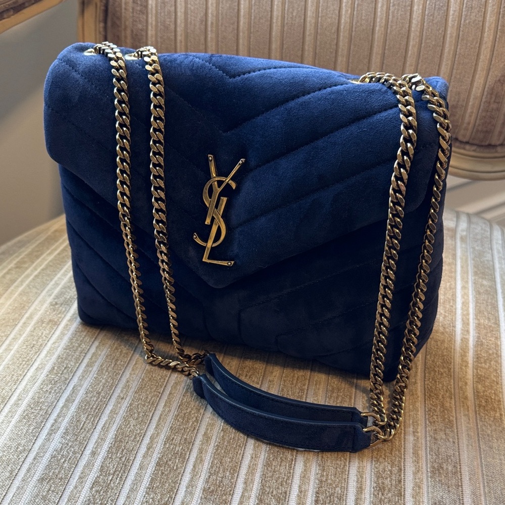 Authentic Saint Laurent Lou Lou Small Flap Suede Deep Marine / Gold Bag